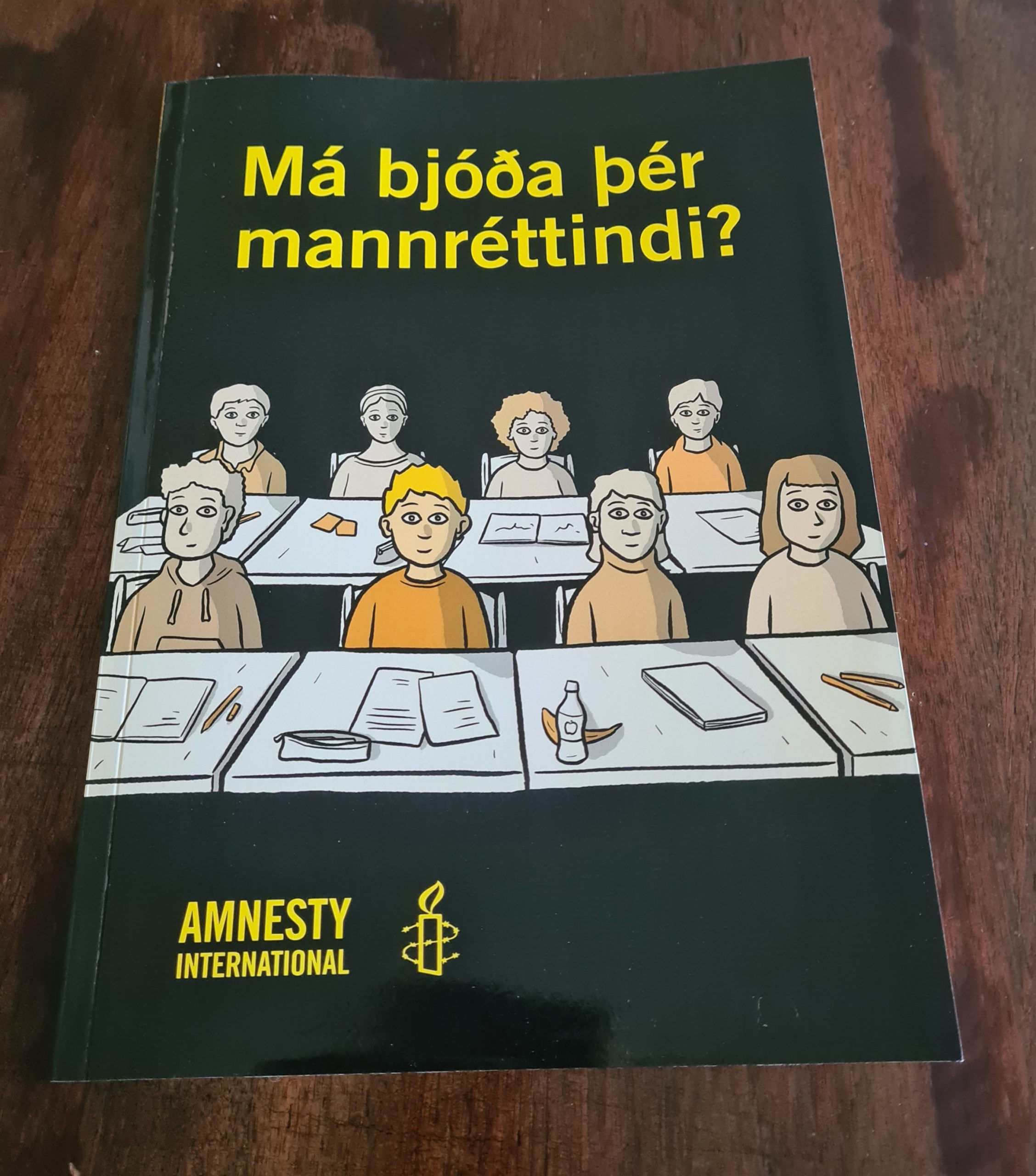 The printed Má bjóða þér mannréttindi? educational material photographed on a wooden table.