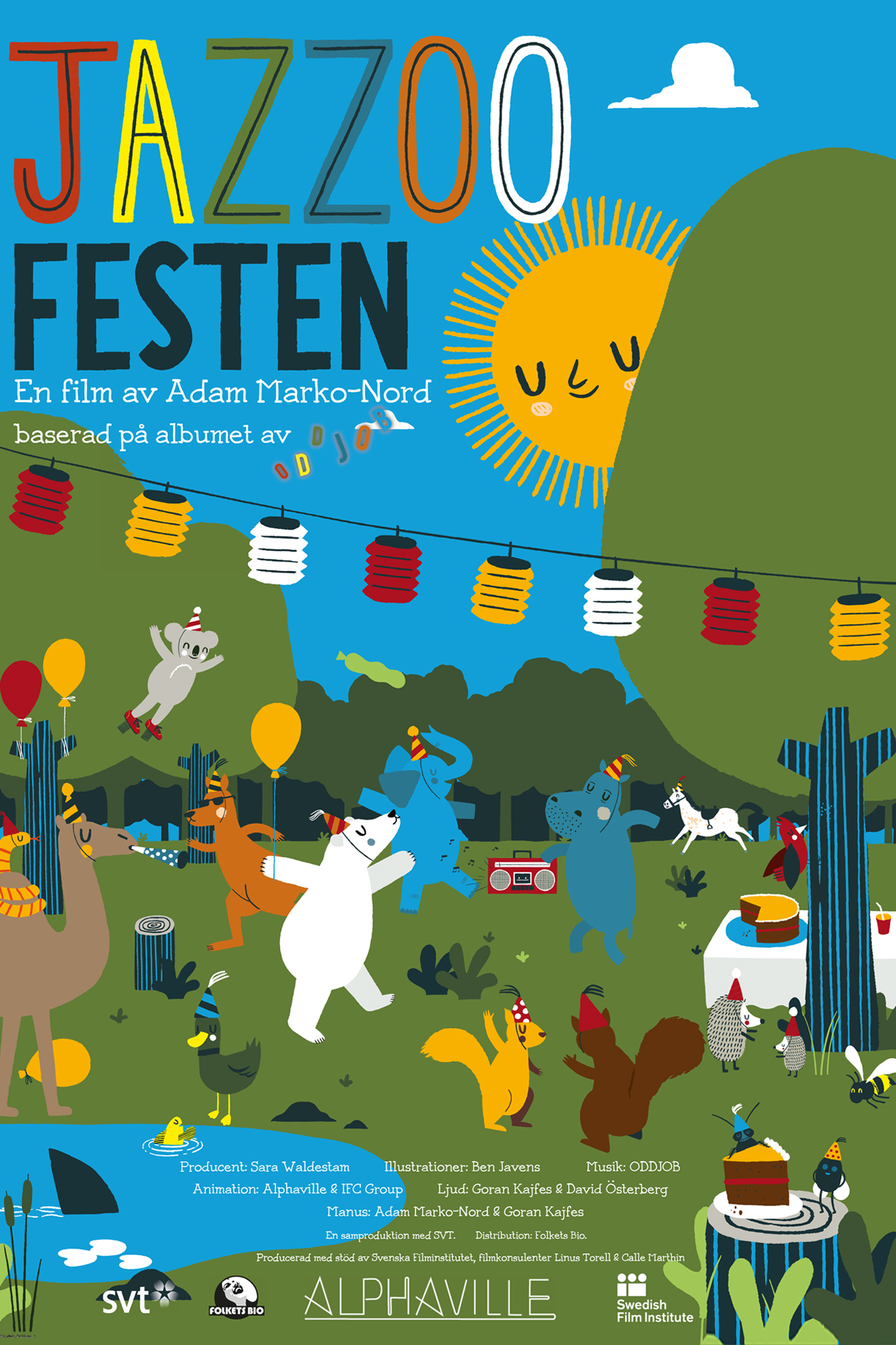 Jazzoo Festen original film poster with animals celebrating in a green landscape.