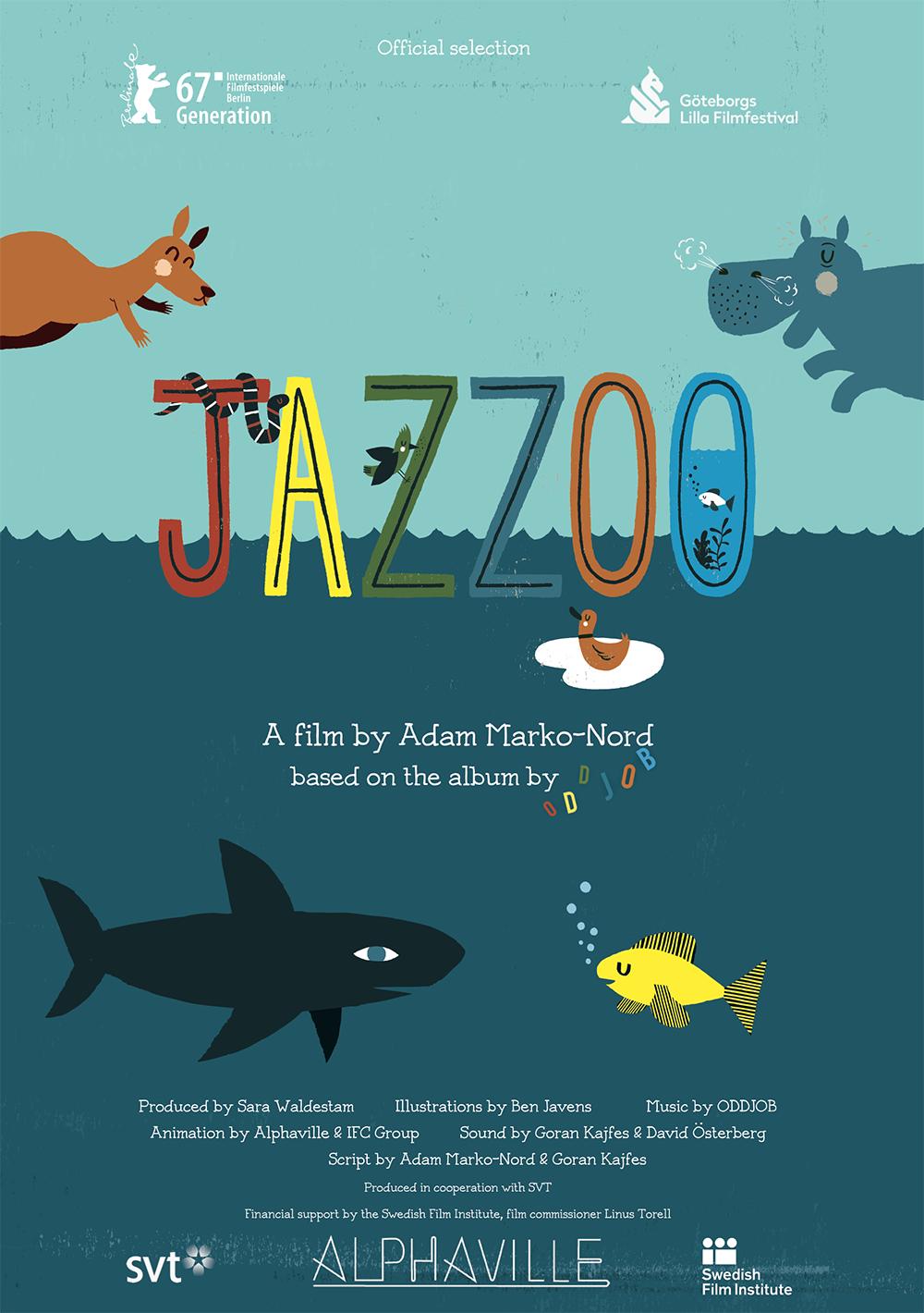 Jazzoo original film poster with turquoise sky, underwater animals and festival selections.