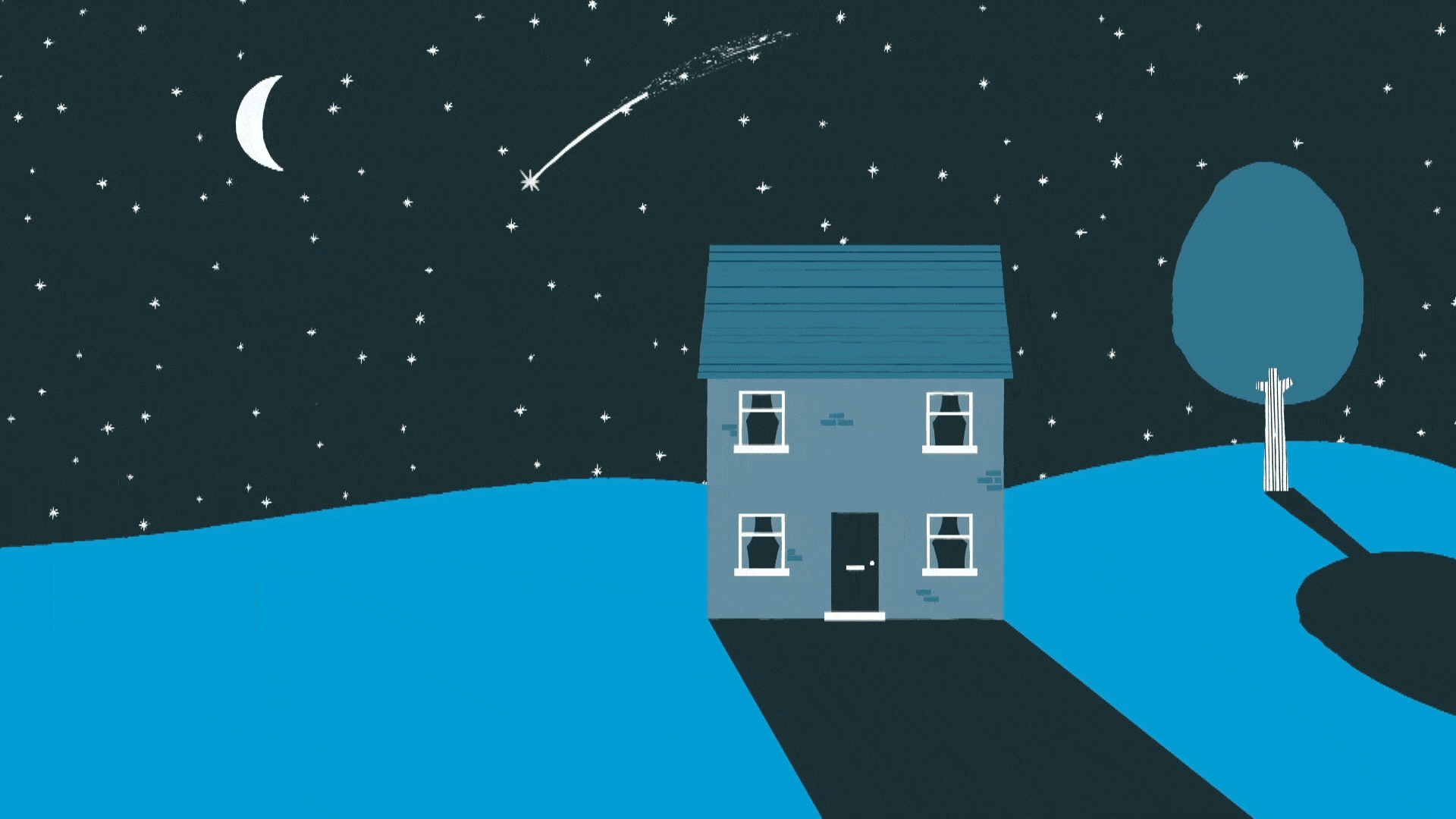 Animated night-time Jazzoo scene with a house and stars.