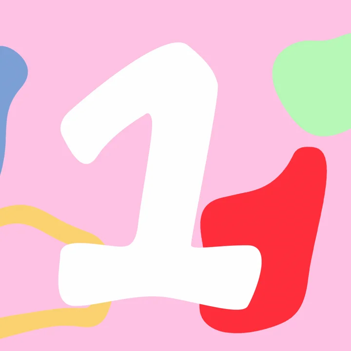 A white numeral and colourful organic shapes on pink.